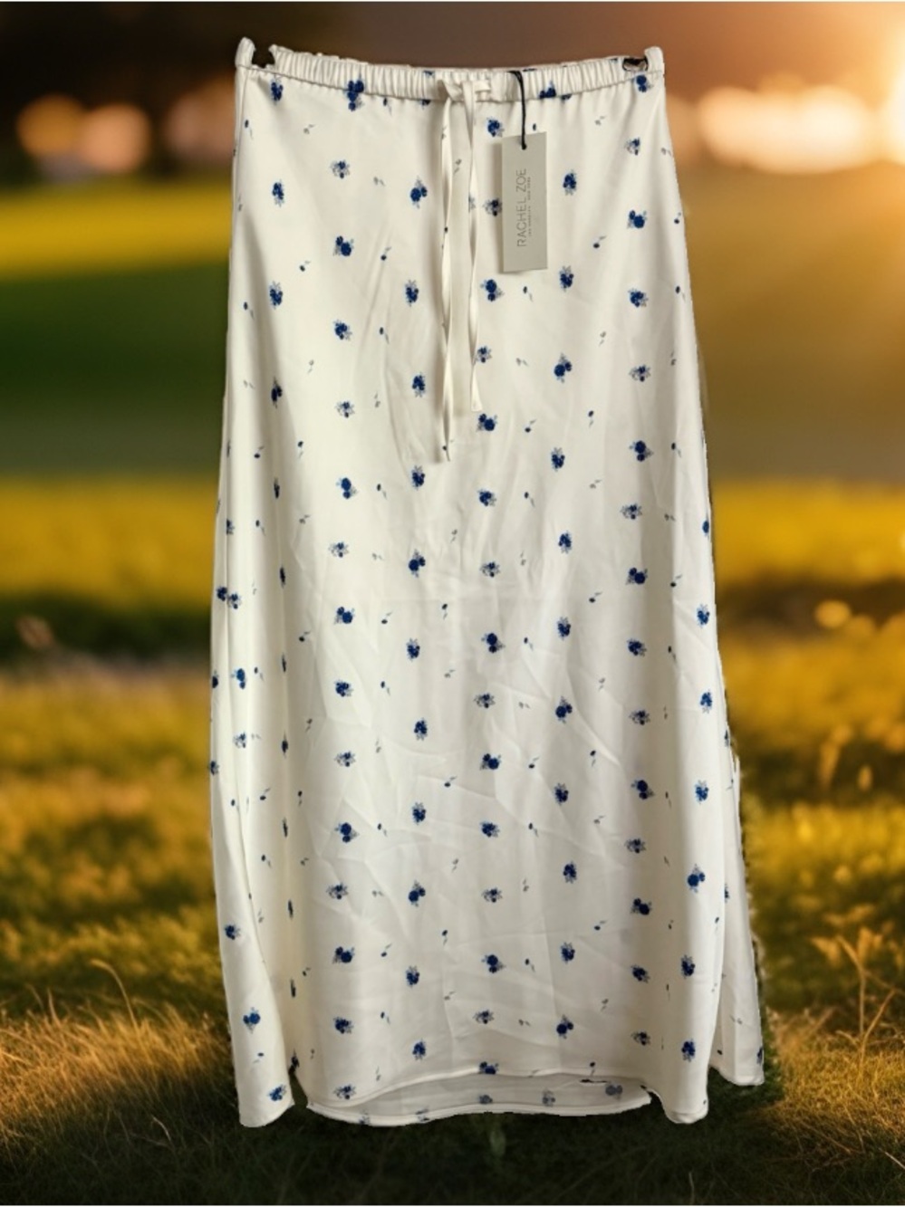 Rachel Zoe Floral Satin Maxi Midi Skirt in cream blue pink prairie Size 2 NWT